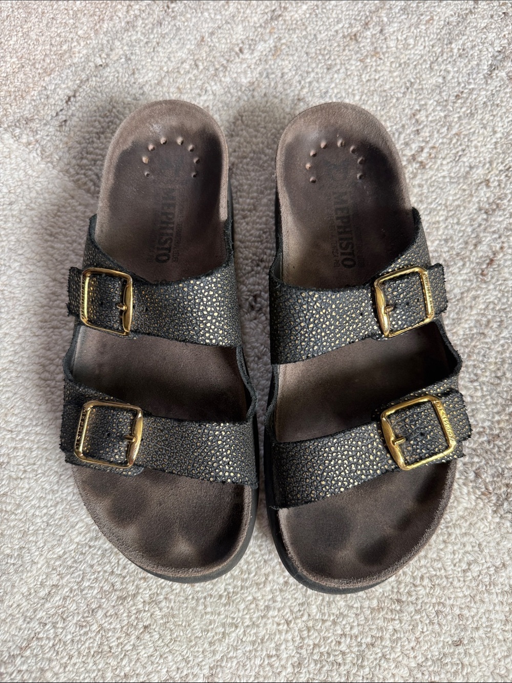 Mephisto Black Sandal with Gold Buckles